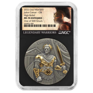 2023 $5 Niue Julius Caesar 2 oz High Relief Silver Antiqued and Gold Gilded NGC MS70 Legendary Warriors Label