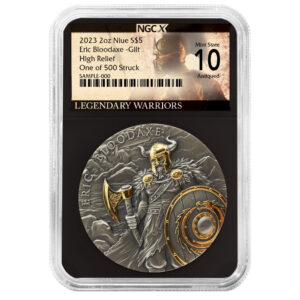 2023 $5 Niue Eric Bloodaxe 2 oz High Relief Silver Antiqued and Gold Gilded NGCX MS10 Legendary Warriors Label