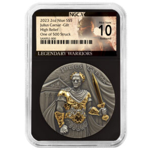 2023 $5 Niue Julius Caesar 2 oz High Relief Silver Antiqued and Gold Gilded NGCX MS10 Legendary Warriors Label
