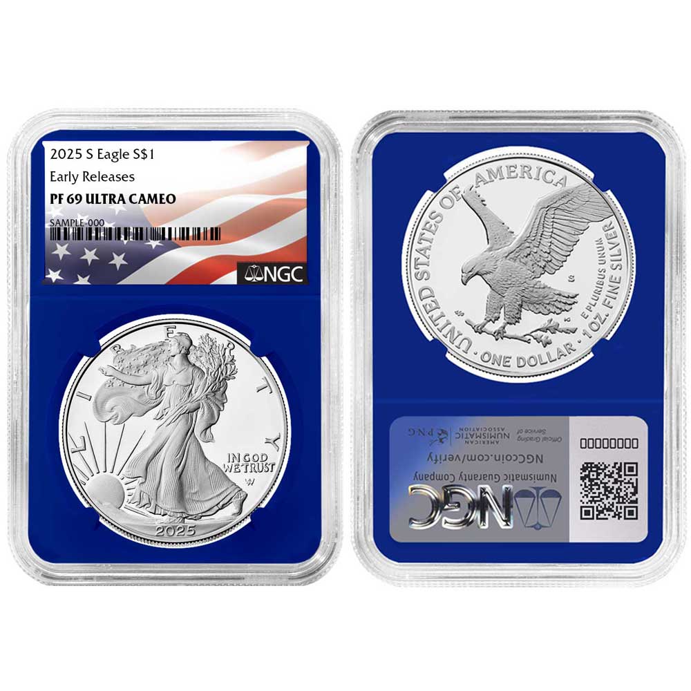 thumbnail image 2 of 2025-S Proof $1 American Silver Eagle NGC PF69UC ER Trolley Label Retro Core 2 of 4